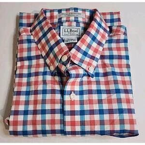 LL Bean Mens Shirt Medium Gingham Blue Plaid Short Sleeve Wrinkle Resistant